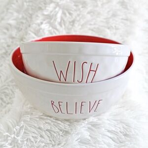 Rae Dunn Believe and Wish Red interior Christmas bowls